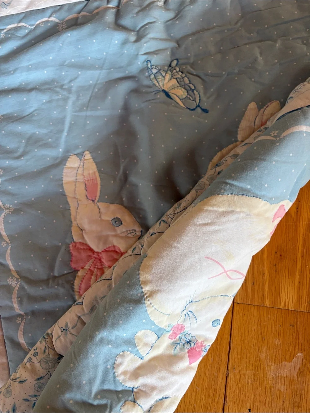 Vintage quilted baby blanket bunnies and butterfly